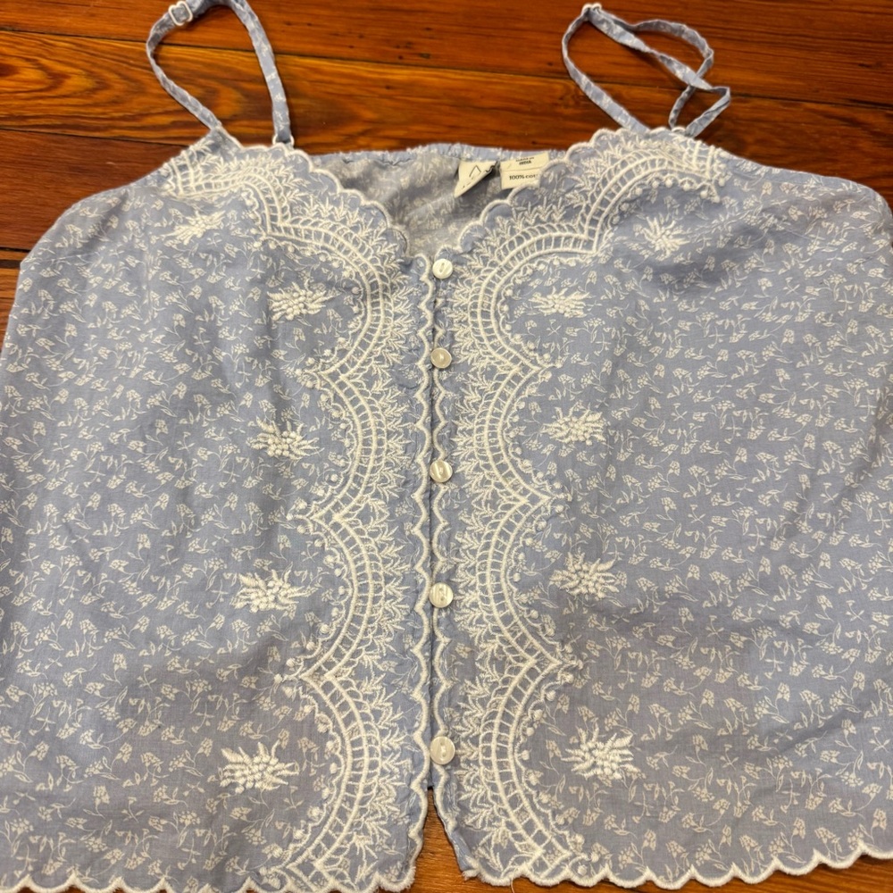 Floral Lace Trim Tank Top 100% Cotton Adjustable Straps Boho Festival Size M